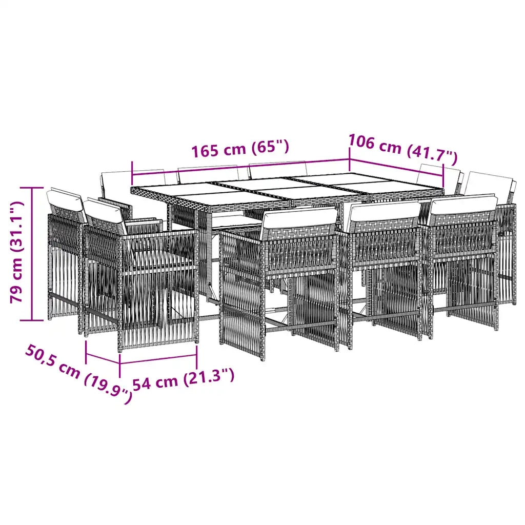 Set da Pranzo da Giardino 11pz con Cuscini in Polyrattan Grigio