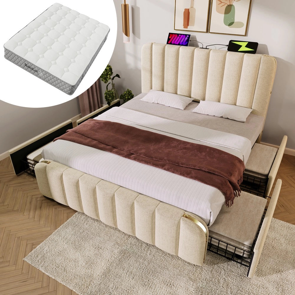 Letto Imbottito Matrimoniale con Cassetti e USB ¨C MINIMAL ¨C Beige, Tessuto, 160x200
