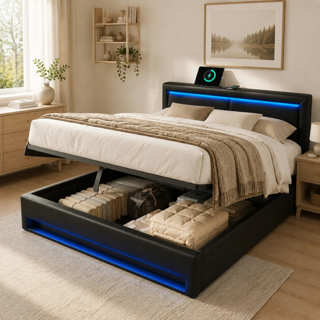 DESMIU Letto matrimoniale 140 × 190 cm 2 posti con porta USB, LED regolabile e vano contenitore, senza materasso, in PU nero