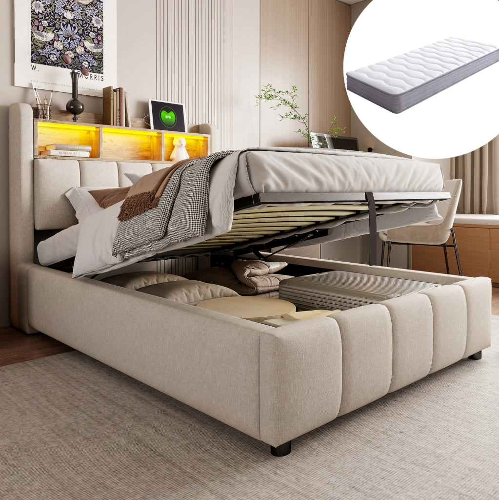 Letto imbottito con LED; USB e porta Type-C 90x200 cm in tessuto effetto lino beige