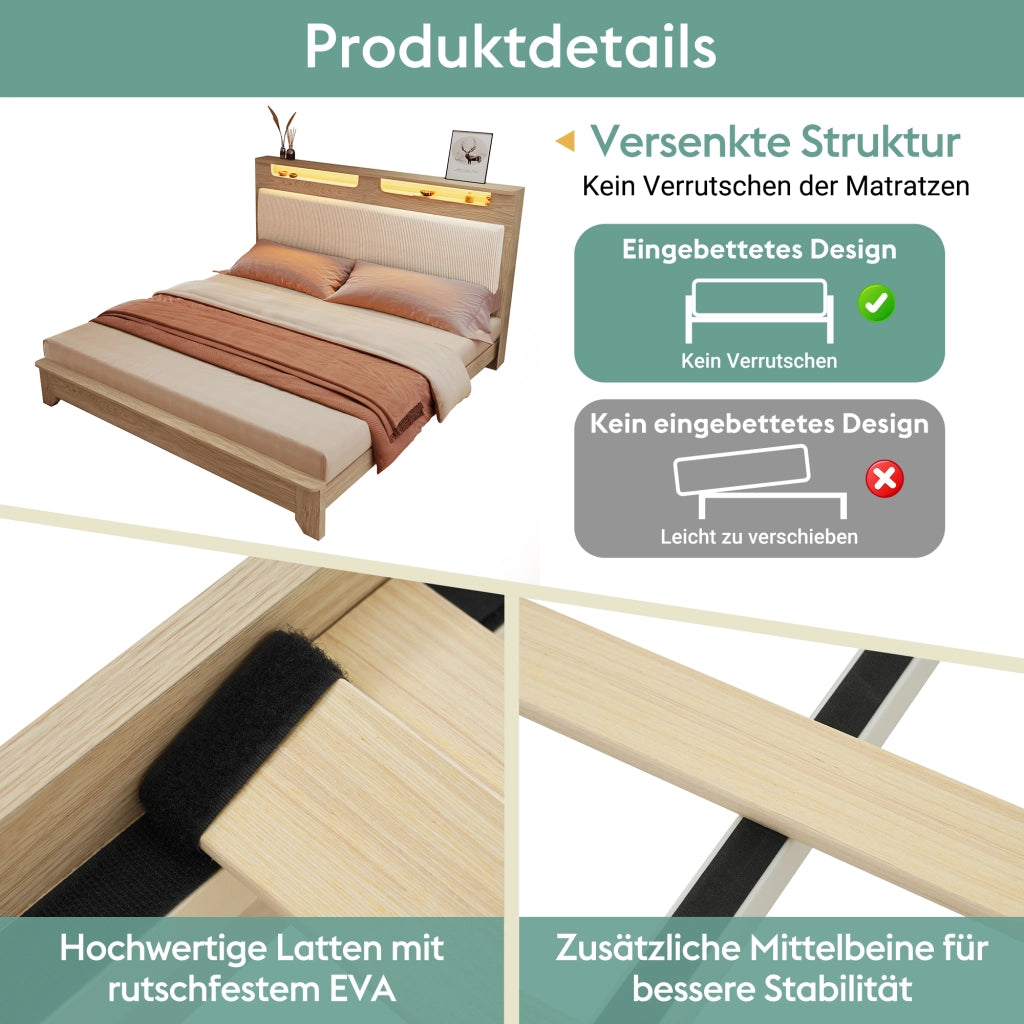 Letto in legno con testiera contenitore; LED e schienale in cord beige; quercia chiara; 140x200 cm; materasso incluso