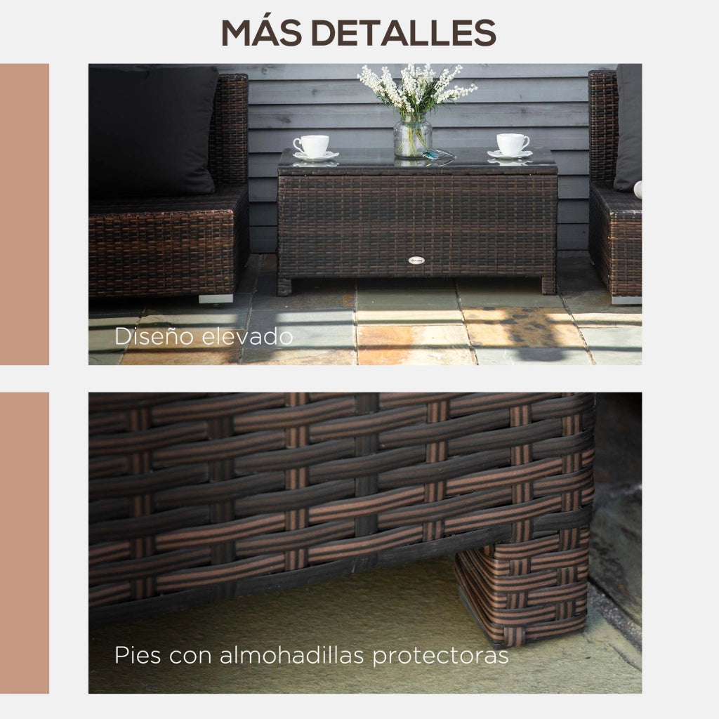 Tavolino da Giardino Esterno Rattan Sintetico ¨C Xylo ¨C Piano Vetro Temperato Marrone 85x50x39cm