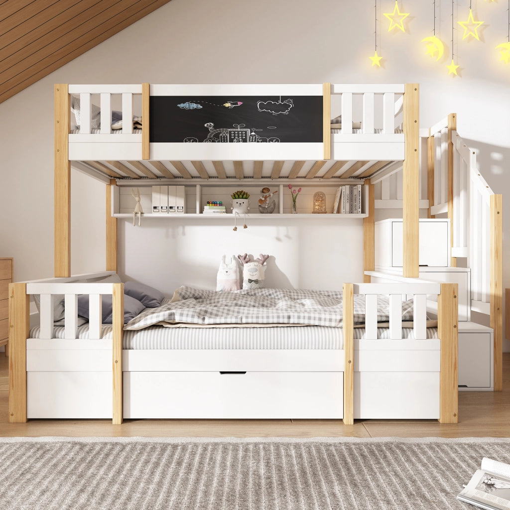 DESMIU Letto a castello per bambini 90 × 200 e 140 × 200 cm con lavagna, vano contenitore, senza materasso, in legno, bianco