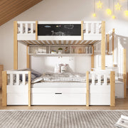 DESMIU Letto a castello per bambini 90 × 200 e 140 × 200 cm con lavagna, vano contenitore, senza materasso, in legno, bianco
