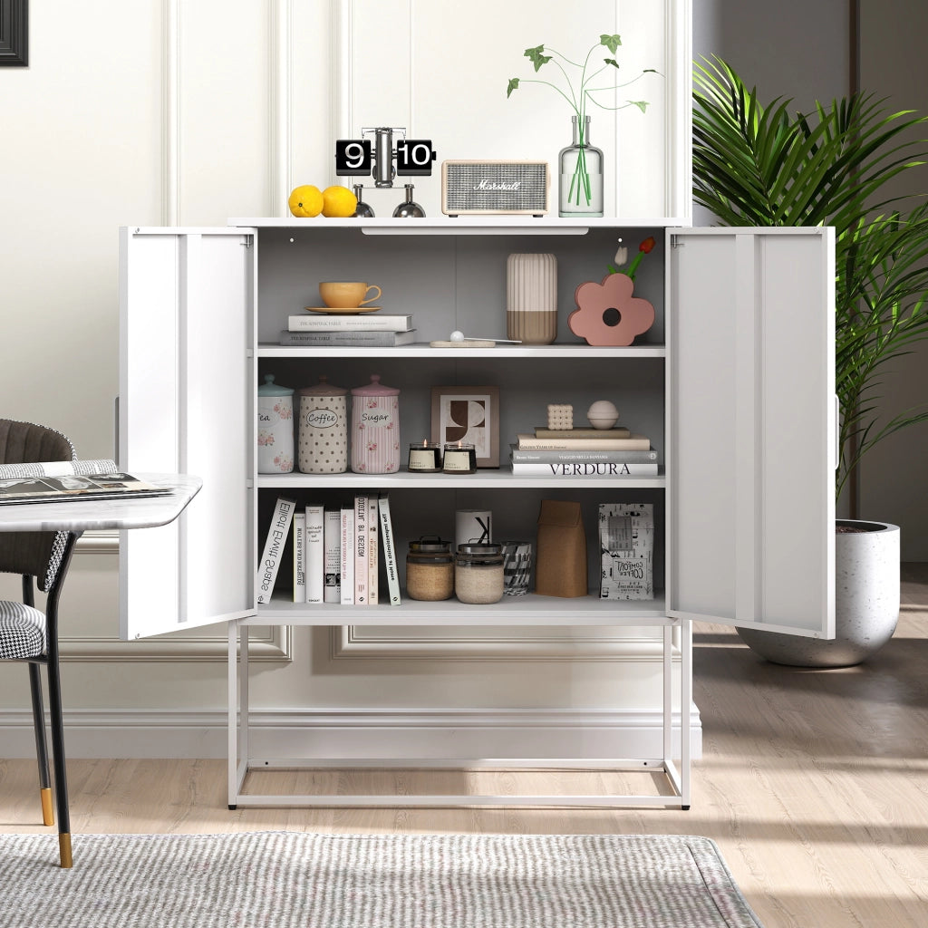 Credenza/mobile contenitore in metallo con 2 ripiani, mobile in acciaio autoportante, ante magnetiche, dispositivo antiribaltamento, adatto per soggio