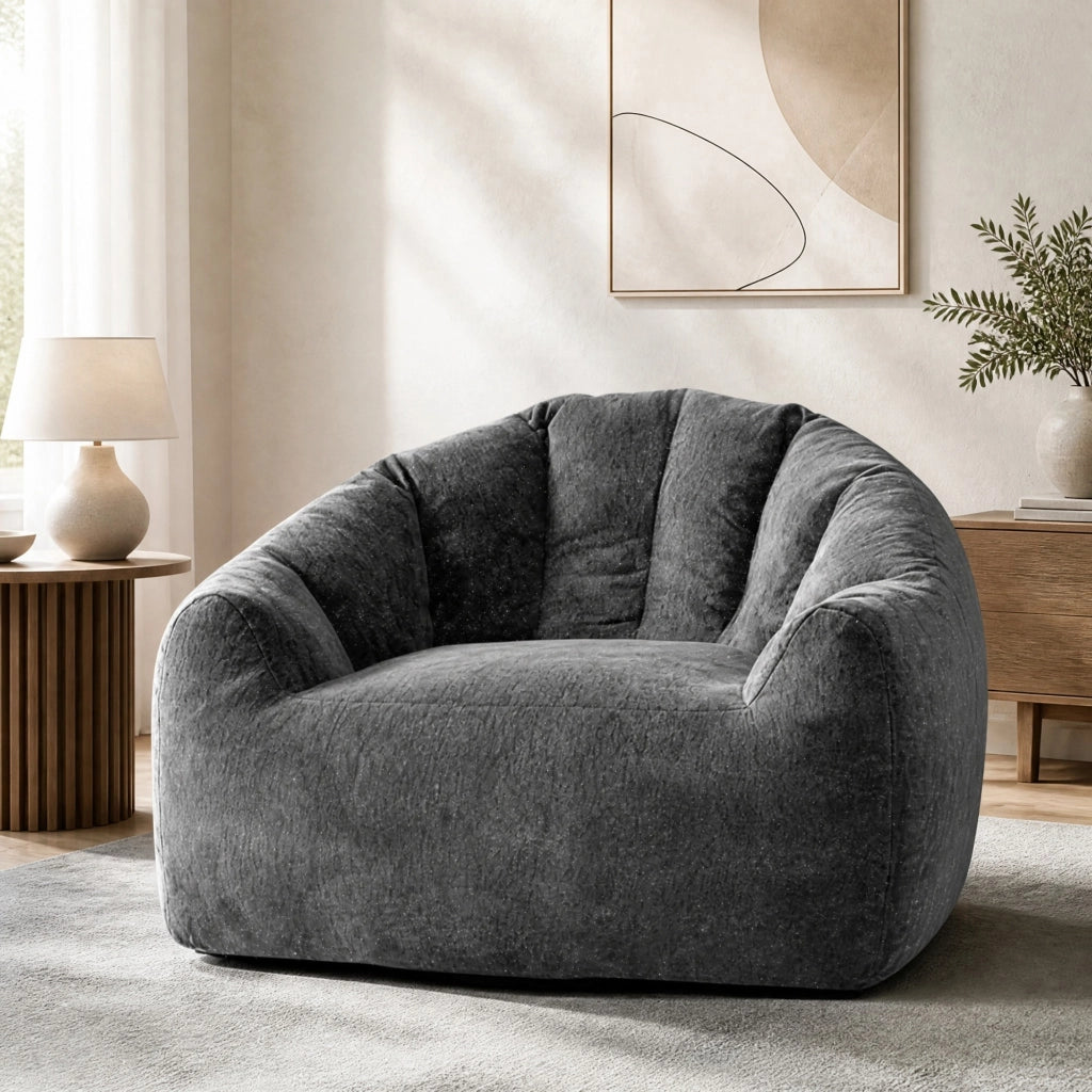Poltrona pouf rotonda ergonomica in flanella grigio