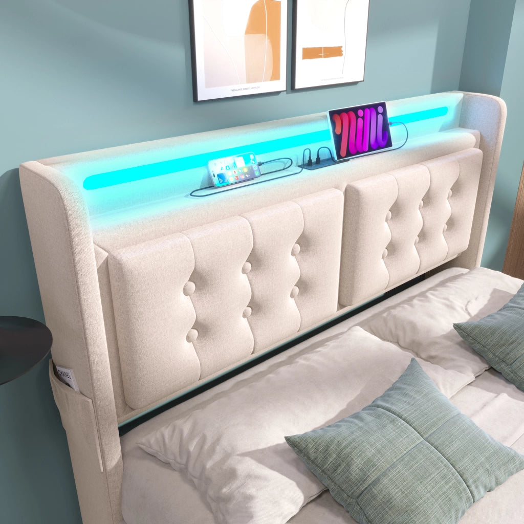 Letto Imbottito Contenitore 140x200 con Testiera LED e USB ¨C MINIMAL ¨C Beige, Cotone, Doghe in Legno