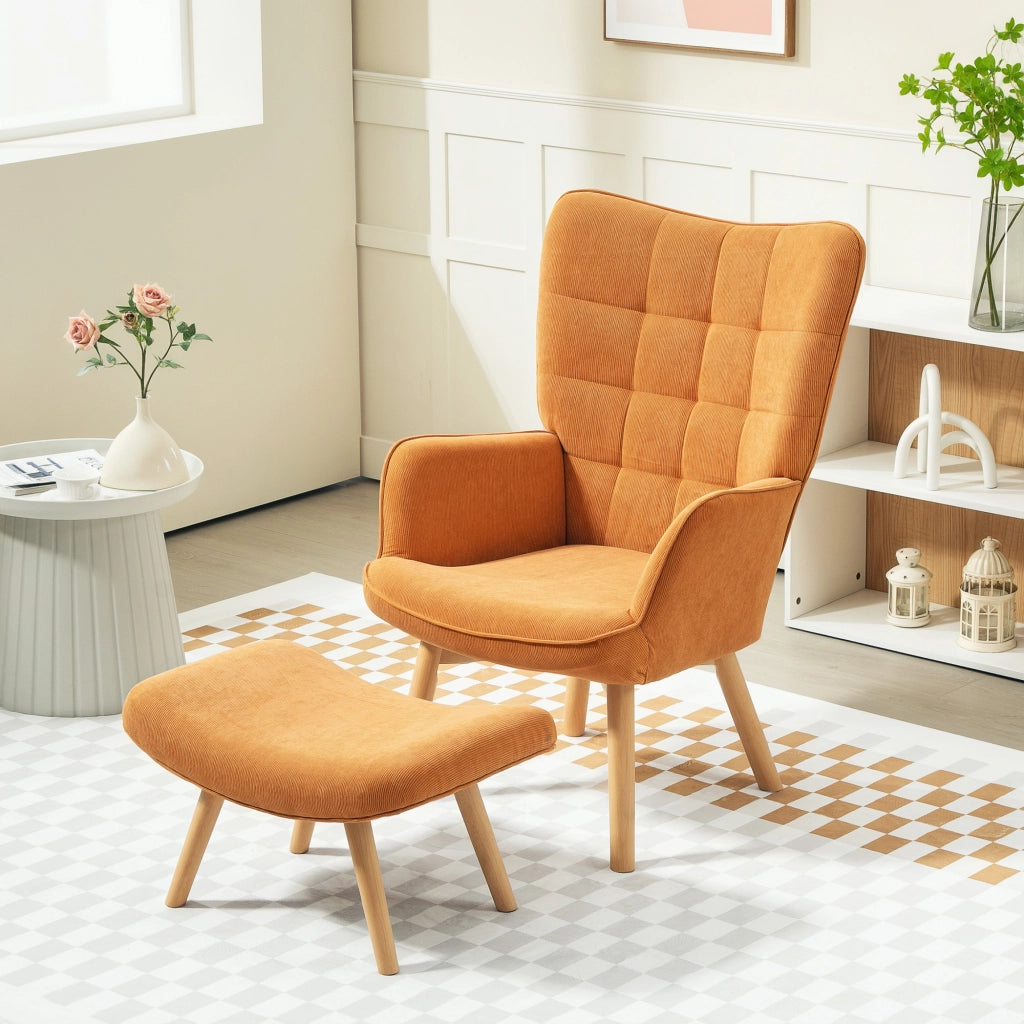Poltrona con poggiapiedi, poltrona a orecchioni con schienale alto, gambe in legno, poltrona lounge con design capitonn¨¦, effetto velluto a coste,