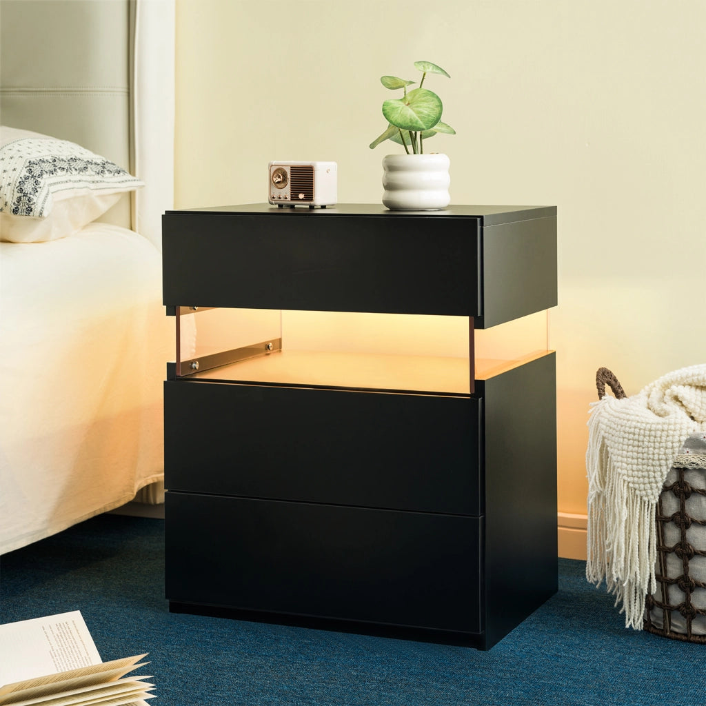 COMODINO LED 3 Cassetti Nero in Legno ingegnerizzato