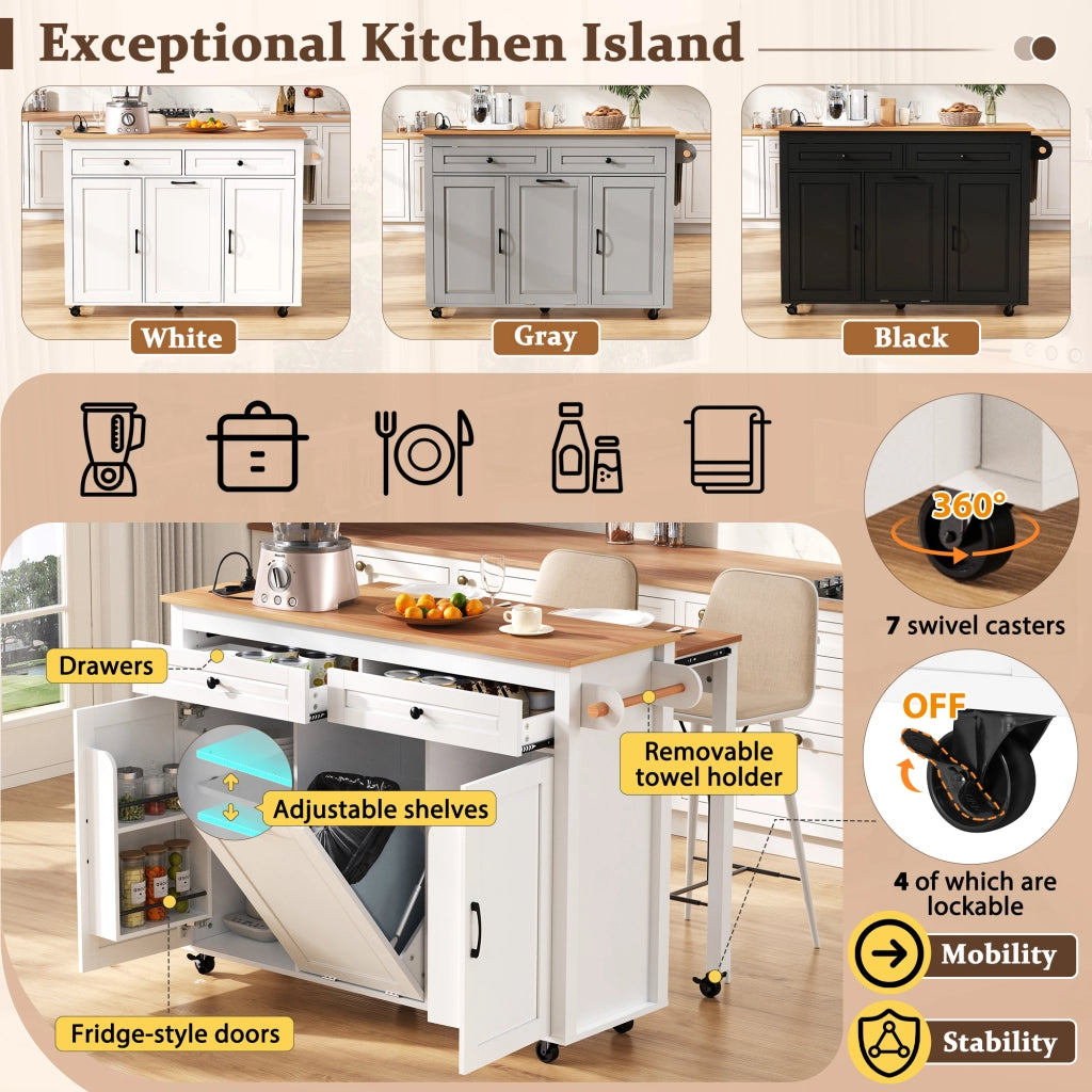 Desserte da cucina mobile con piano estraibile; vano aperto e scomparto per rifiuti per cucina; bianco; 120 × 40-75 × 92 cm