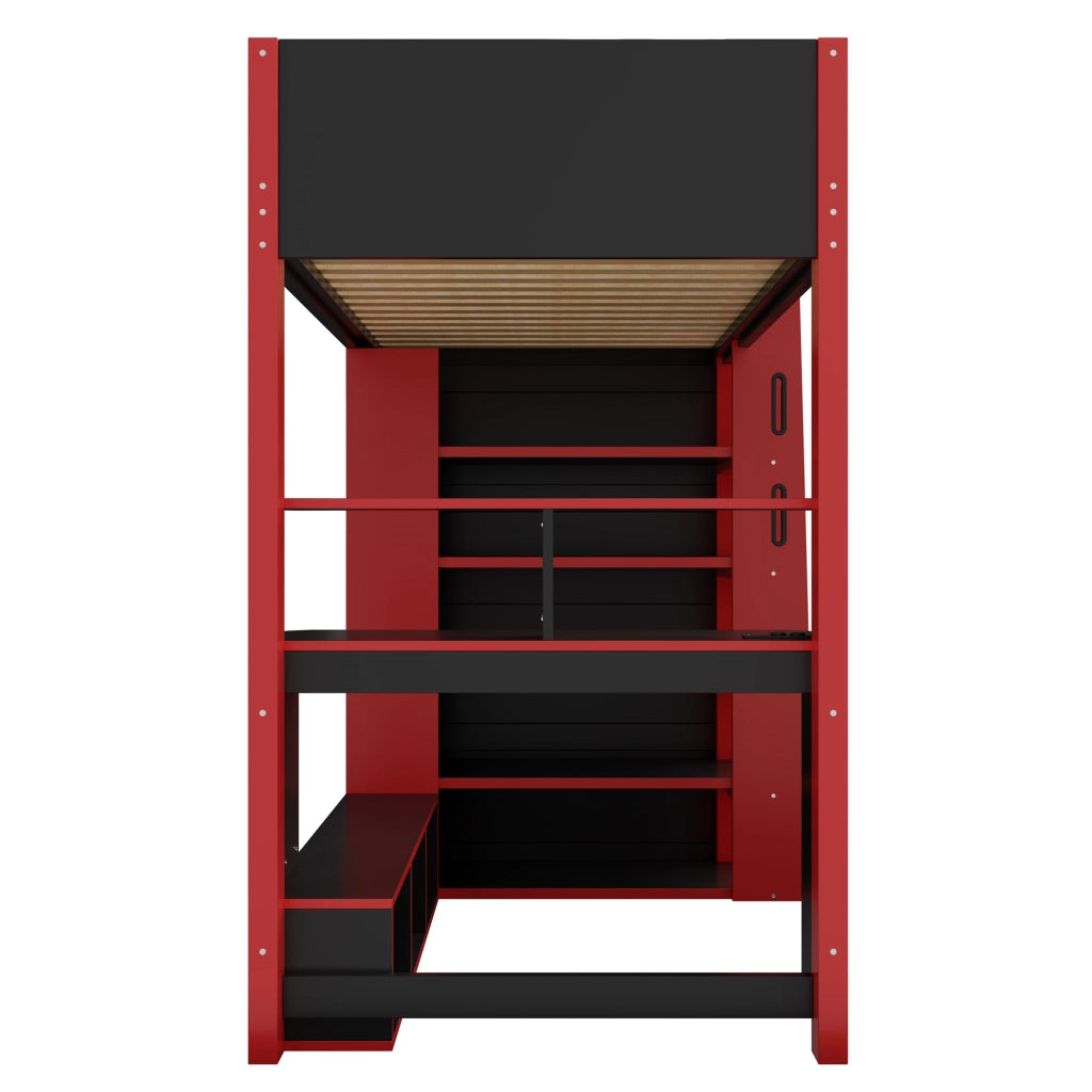 LETTO A CASTELLO ALTO con scrivania e ripiani 90x200 cm nero rosso