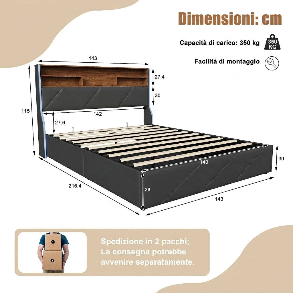Letto matrimoniale 140x200 cm con contenitore LED USB Type-C testiera rete a doghe struttura letto metallo legno PU - nero