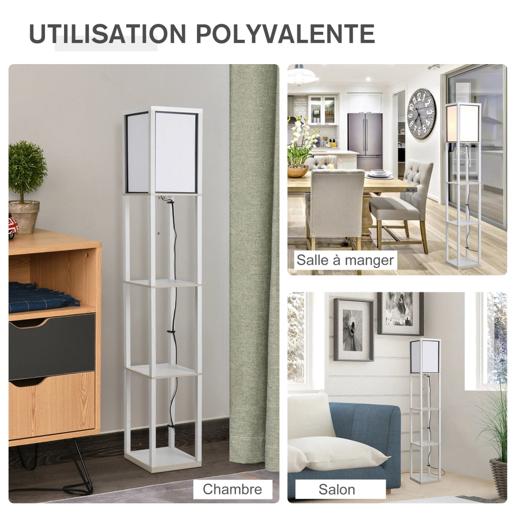 Lampada da Terra con Scaffale ¨C Xylo ¨C 3 Ripiani Legno MDF Bianco 26x26x160cm