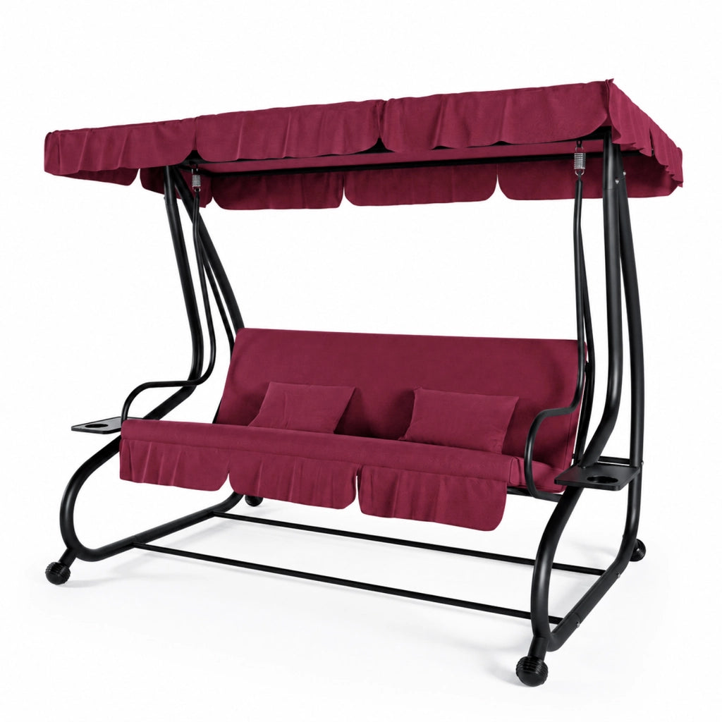 Dondolo Da Giardino 3 Posti Schienale Regolabile Tetto Ombreggiante Cuscinatura Comfort Imbottita Convertibile In Letto Per Esterno Balcone Patio 200 x 120 x 160 Cm Bordeaux