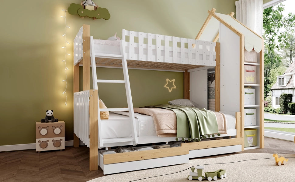 DESMIU Letto a castello per bambini 90 × 200 cm e 140 × 200 cm con contenitori, senza materasso, bianco naturale