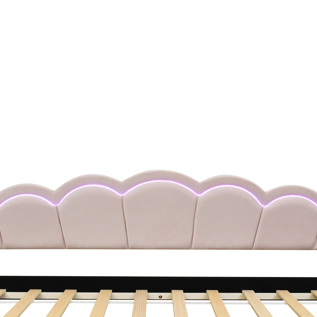 OKWISH Letto a Scomparsa 90×200 cm, Letto Singolo con Letto Estraibile, LED Regolabile e Telecomando, senza Materasso, Velluto, Rosa