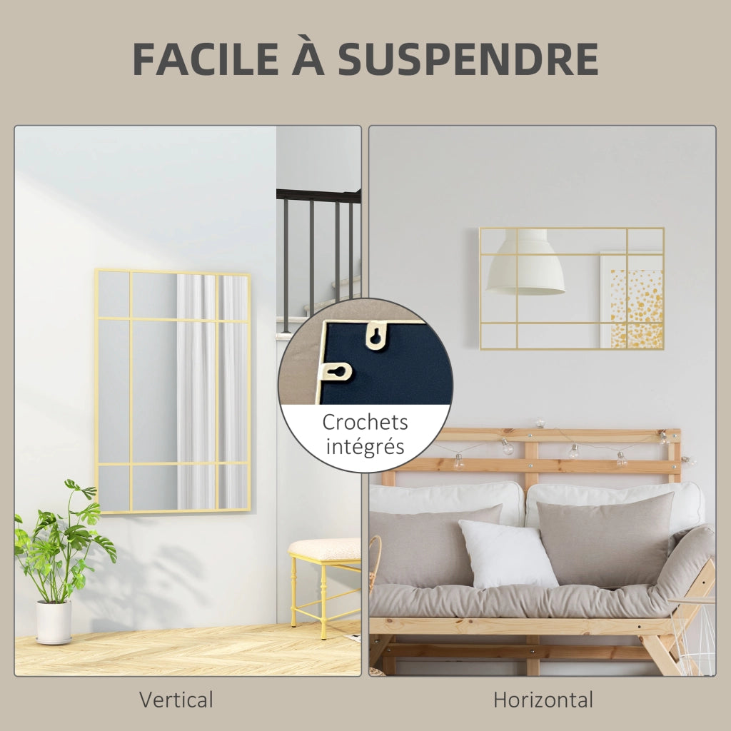 Specchio da parete stile industriale con cornice in metallo dorato e 4 ganci ¨C Xylo ¨C 90x60 cm