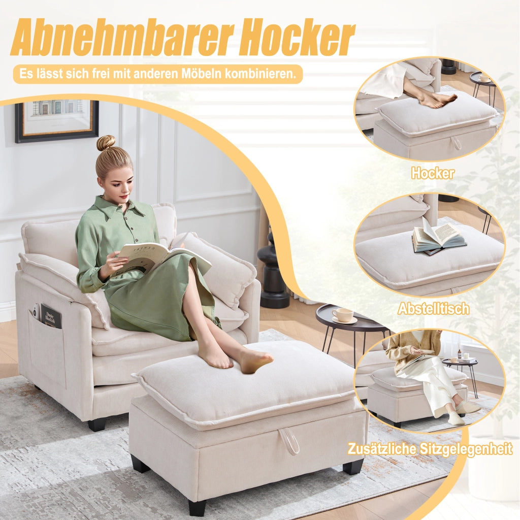 Poltrona con Pouf Ampia con Vano Contenitore, Tasca Laterale e Cuscino, in Ciniglia Beige