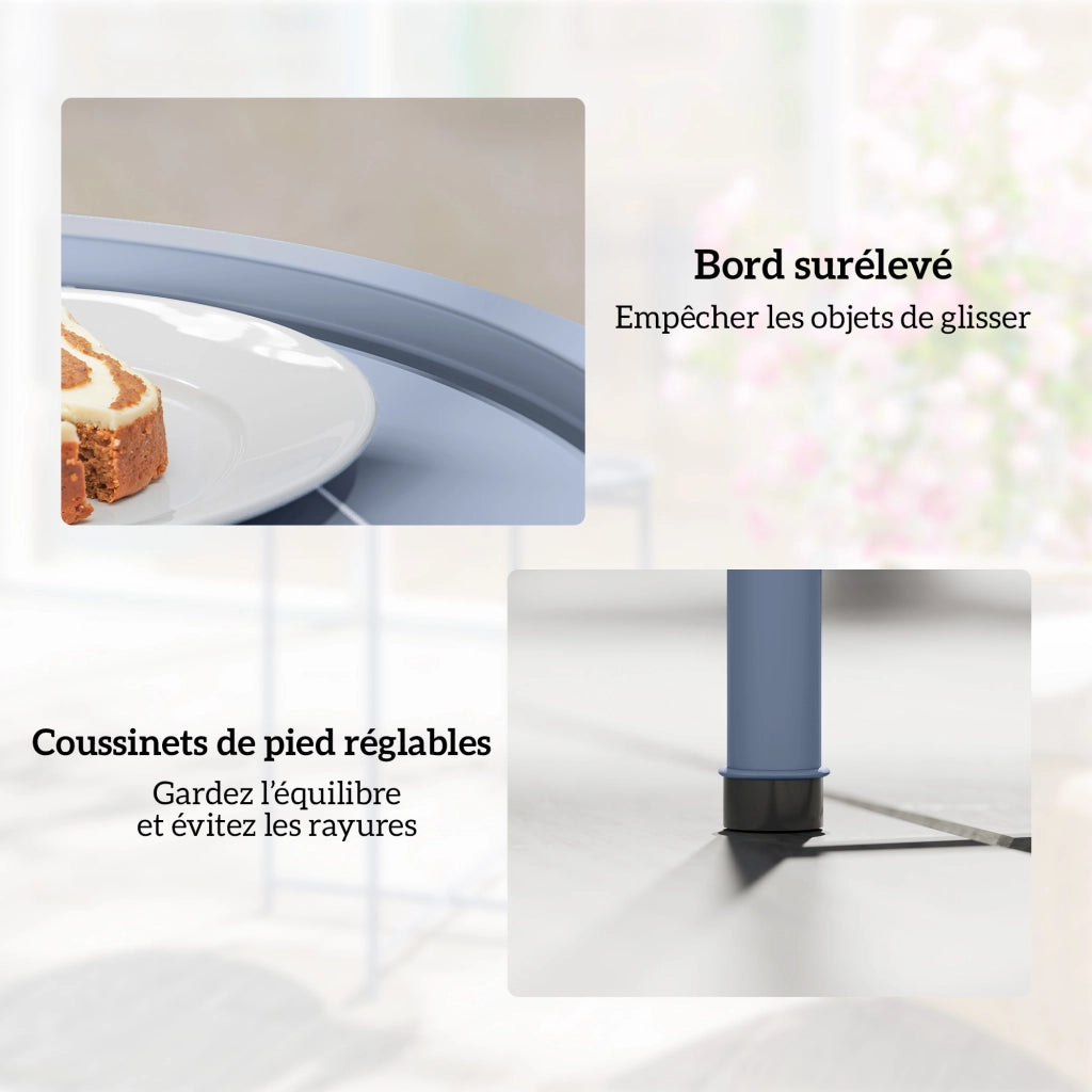 Tavolino da caff¨¨ rotondo con piano amovibile e bordo rialzato ¨C Minimal ¨C gambe pieghevoli in metallo, grigio blu, ?46xH53cm