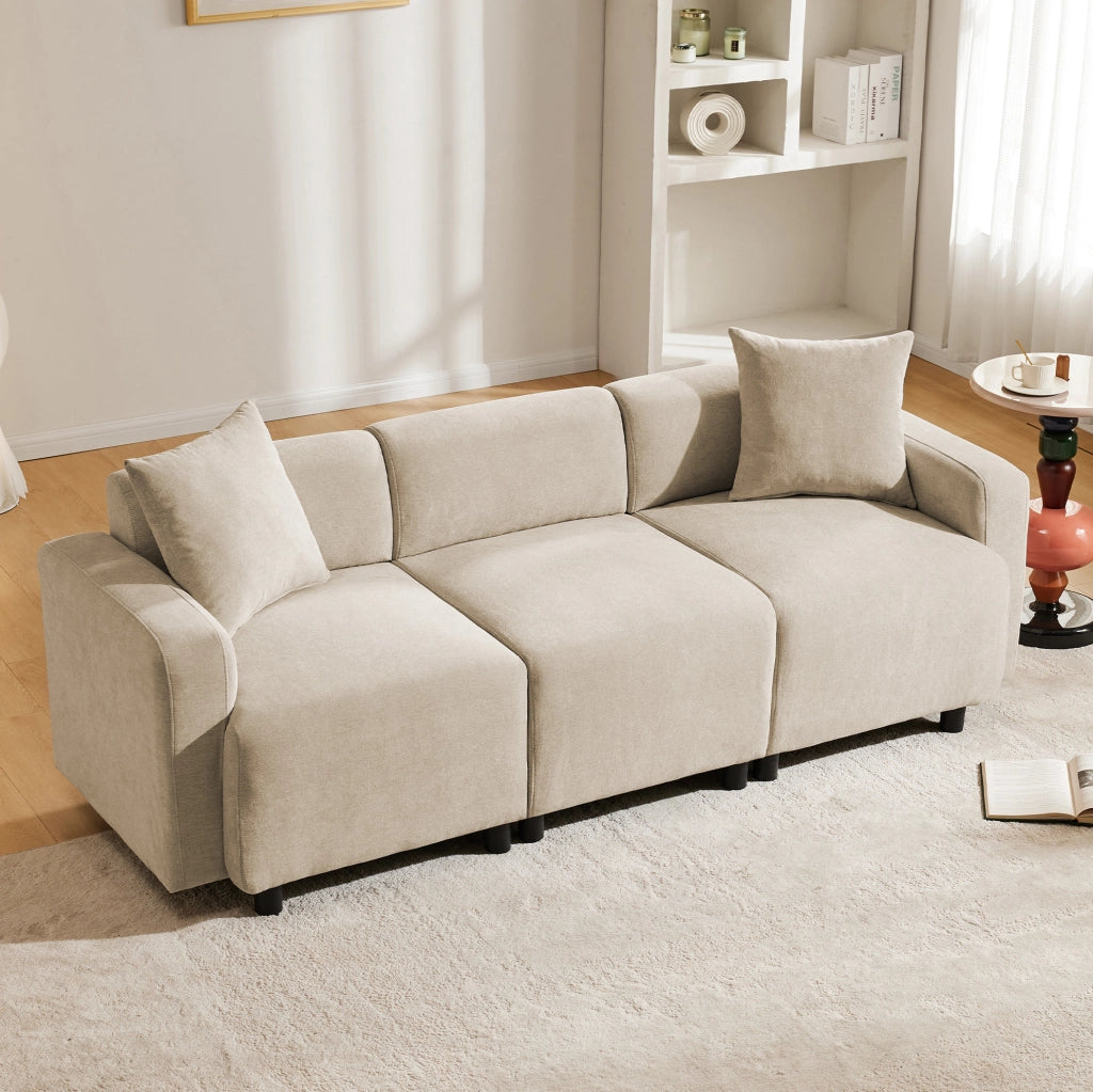 Divano a 3 posti in chenille beige; 211 cm