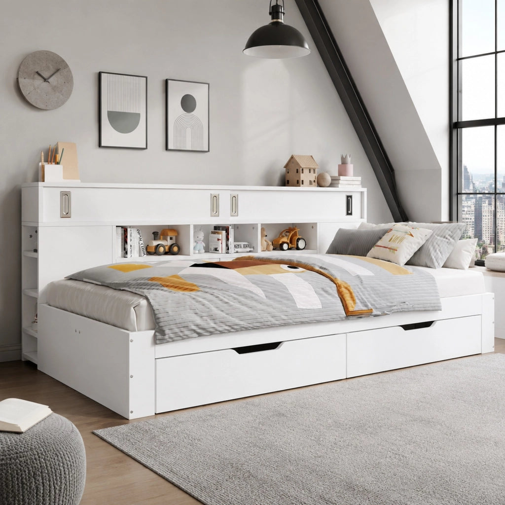 Letto giorno singolo 90x190 cm con 2 cassetti; armadio e ripiani; bianco