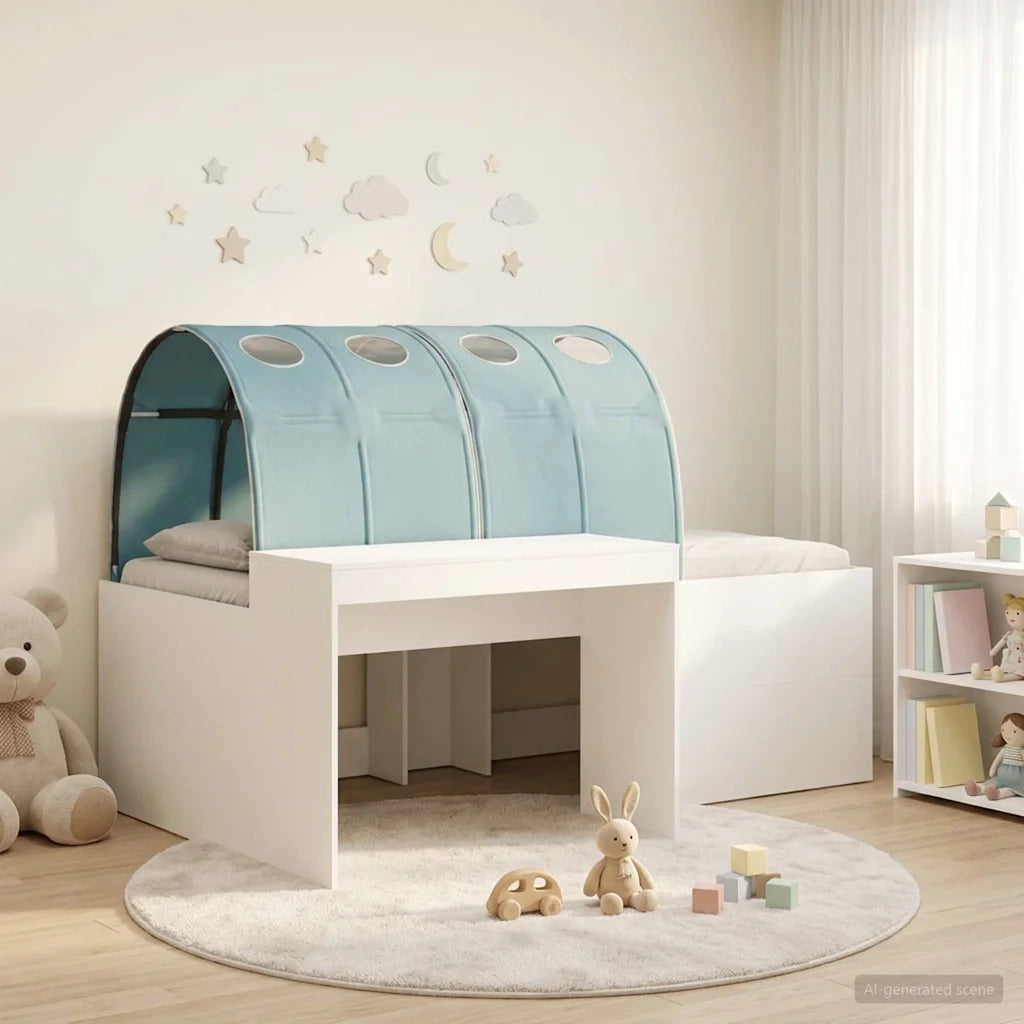 Letto singolo | Letto per adulti | Letto con Tunnel 3 pcs Bianco e azzurro Legno multistrato