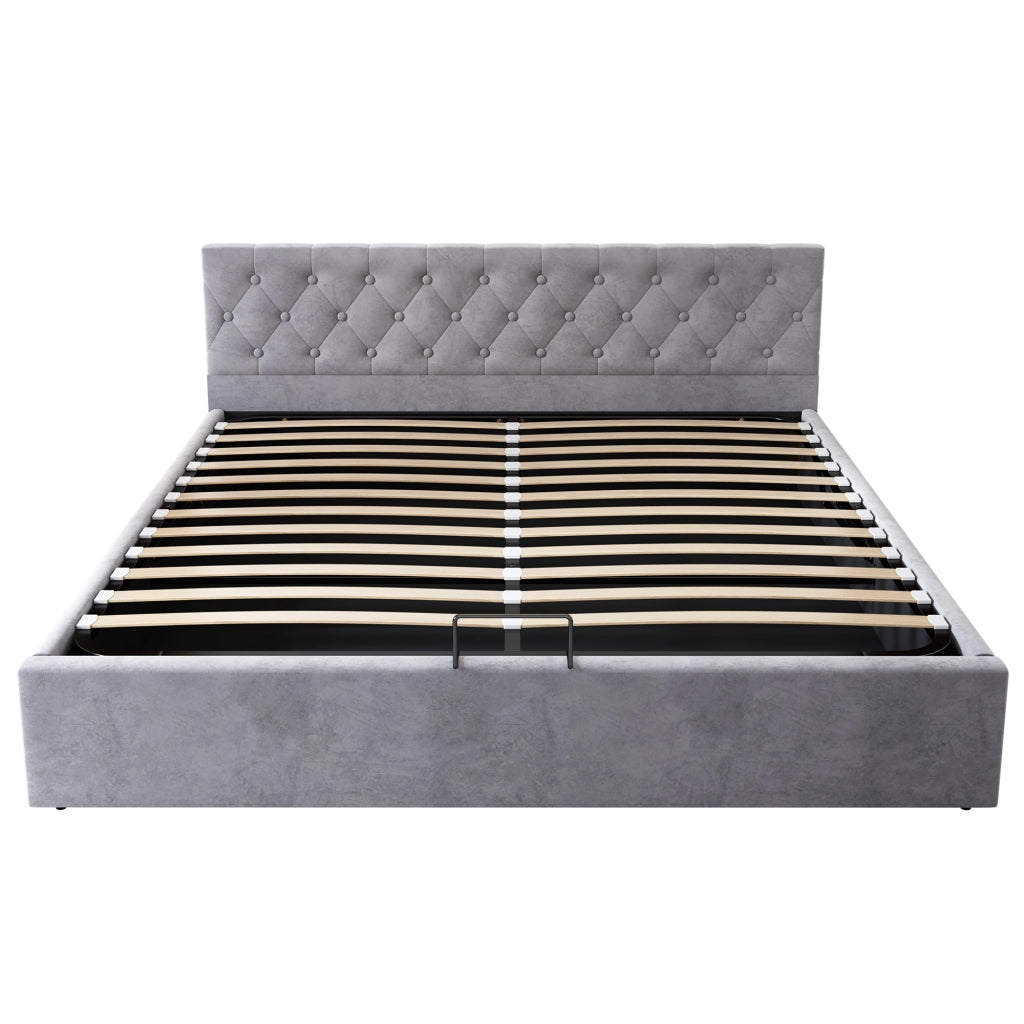Letto matrimoniale imbottito in velluto grigio 180x200 cm con testiera trapuntata, rete a doghe e contenitore idraulico