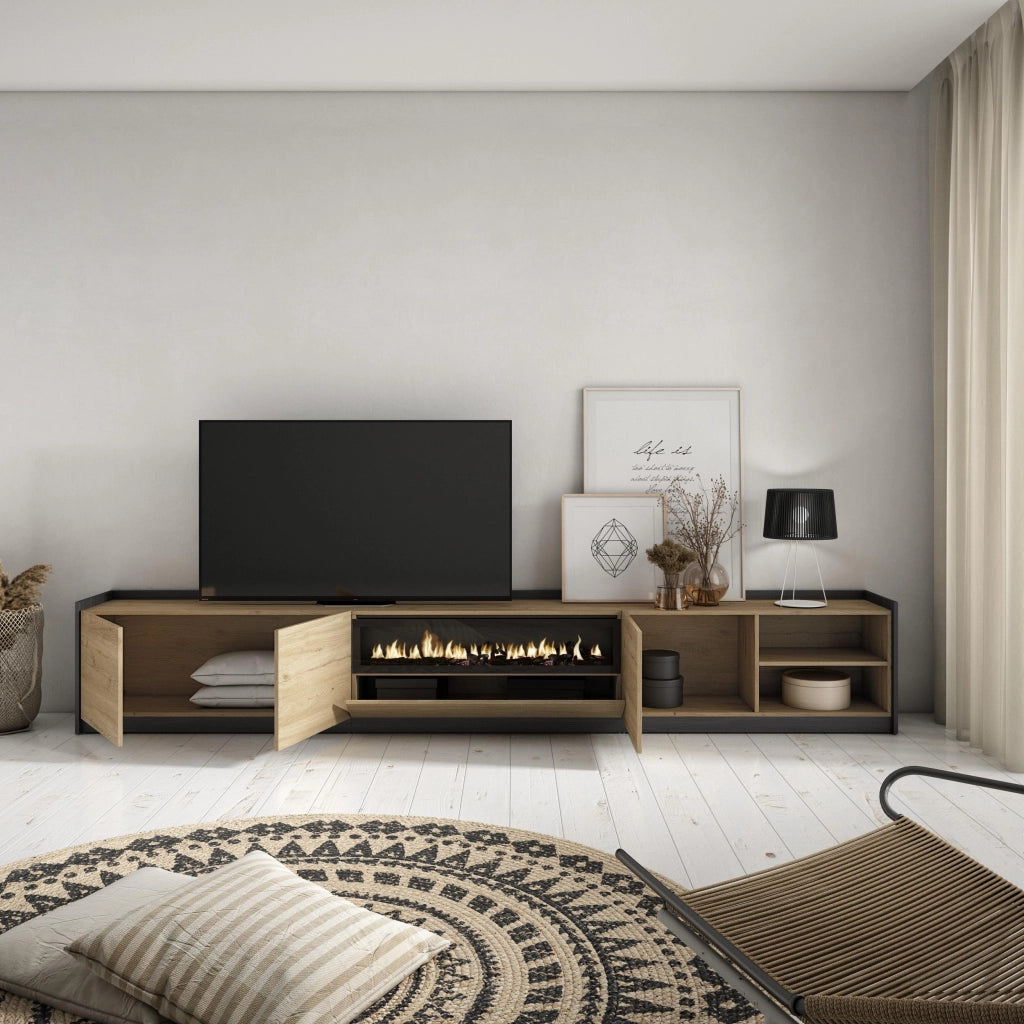 Mobile TV Soggiorno, 310x50x37 cm, Per TV fino a 80", Camino elettrico, Rovere e nero