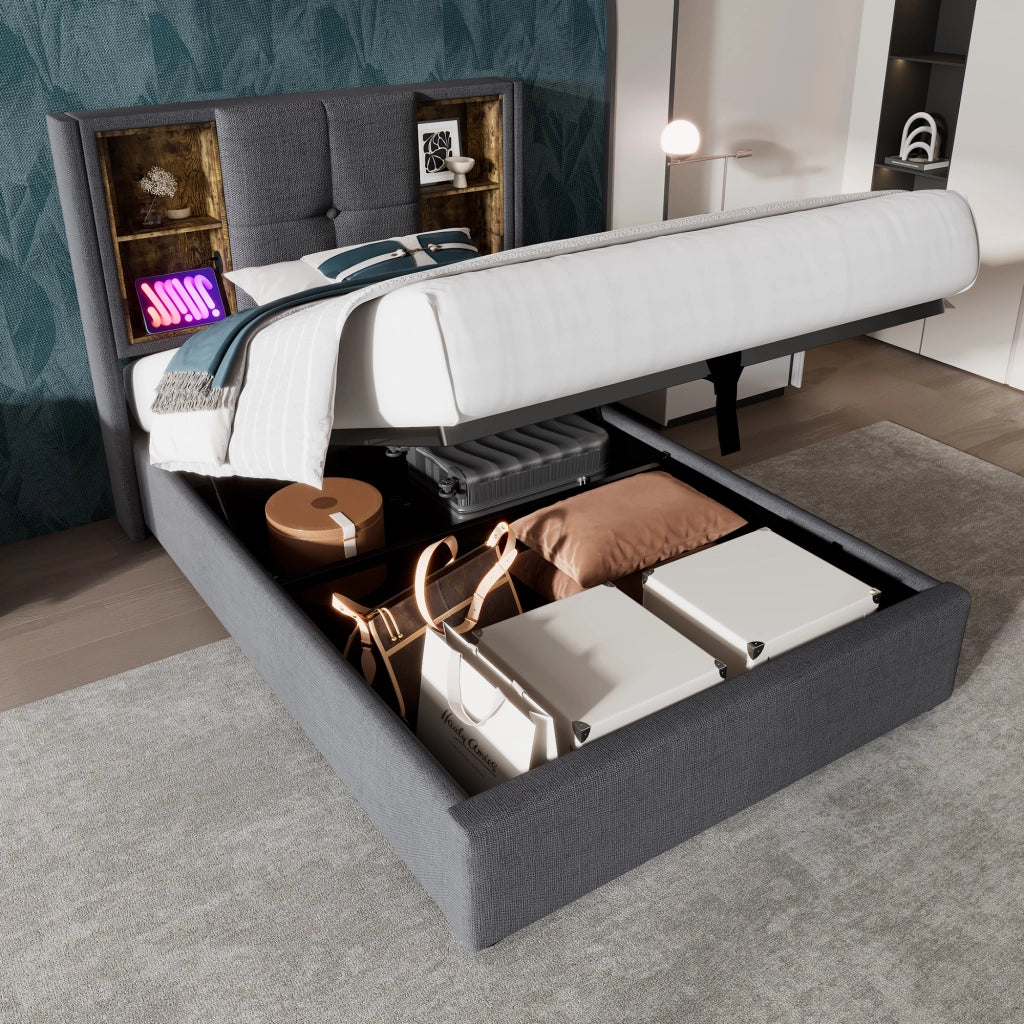 LETTO 90x200 cm Imbottito Grigio Cotone con Ricarica Wireless e USB