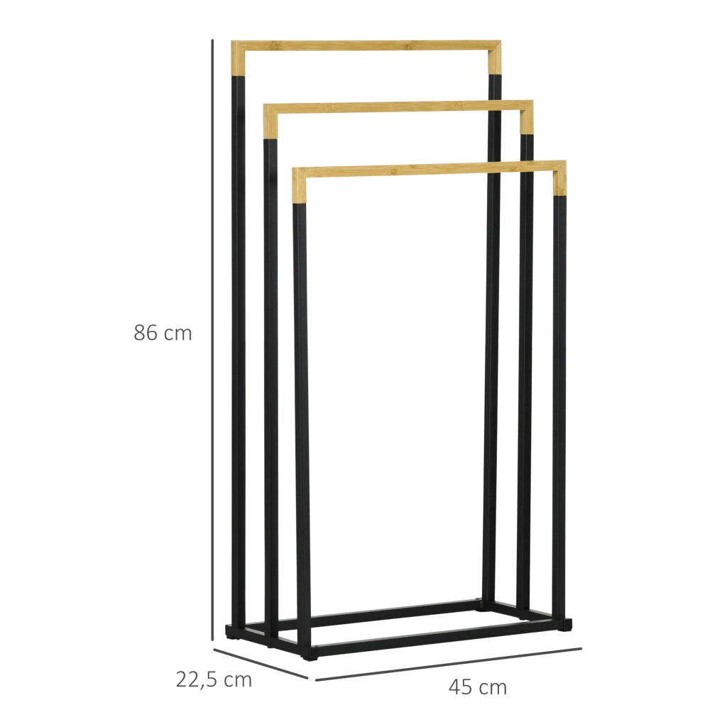 Portasciugamani a Terra con 3 Barre ¨C Xylo ¨C Bamb¨´ e Acciaio Nero 45x22,5x86 cm