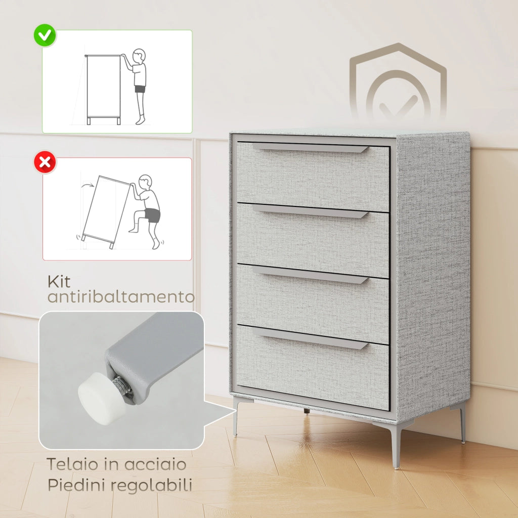Cassettiera 4 Cassetti 60x36x88 cm con Rivestimento in Tessuto Effetto Lino in Acciaio Grigio