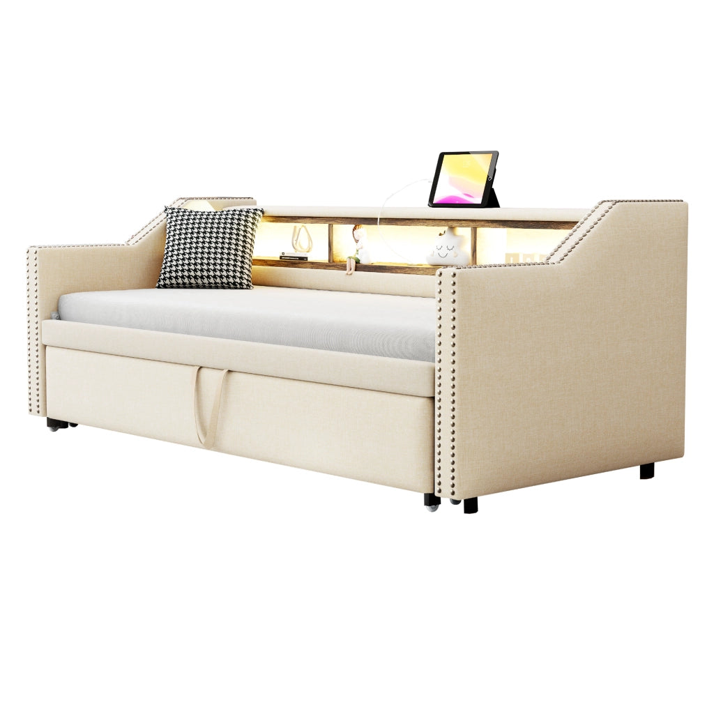 Letto estraibile matrimoniale 90×190 cm e 180×190 cm con LED; USB e ripiani; materasso incluso; beige