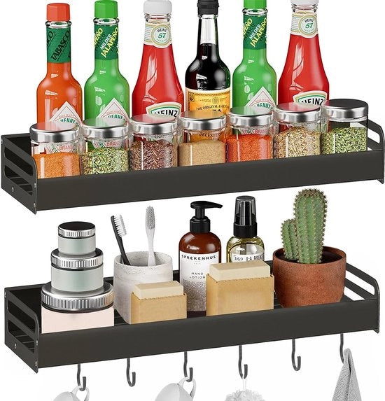 Regal per Spezie Hängente, Sostegno per Cucina Senza Forare con 10 Ganci, 2x Cucina Regal per Parete per Spezie, Regal per Spezie in Alluminio 40cm, Organizzatore per Cucina e Bagno