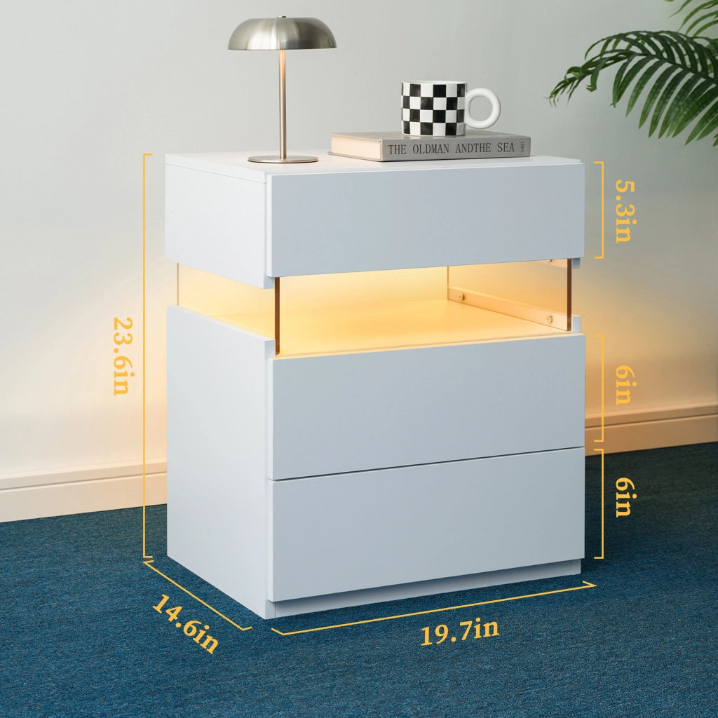 COMODINO con LED e 3 cassetti Bianco in pannello di legno