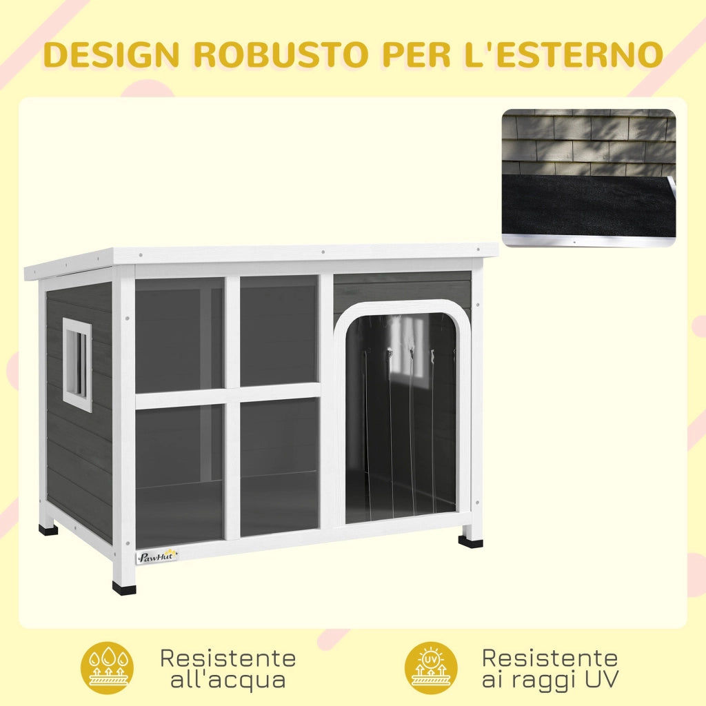 Cuccia per Cani di Taglia Piccola e Media 90x62x71 cm con Finestrelle e Ingresso a Tenda in Legno di Abete Grigio Chiaro