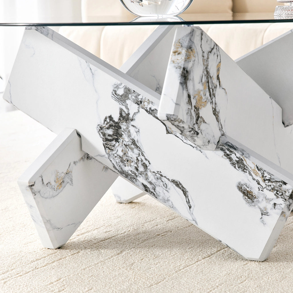 Tavolino rotondo da soggiorno con piano in vetro temperato e base stabile in MDF effetto marmo, bianco