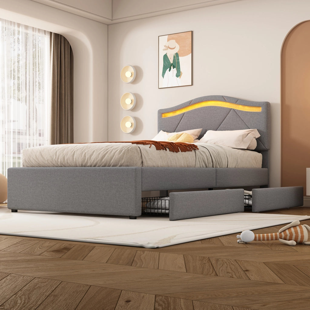 Letto contenitore 90×200 cm; letto singolo con 2 cassetti; LED regolabile; testiera regolabile; senza materasso; in lino e MDF; grigio
