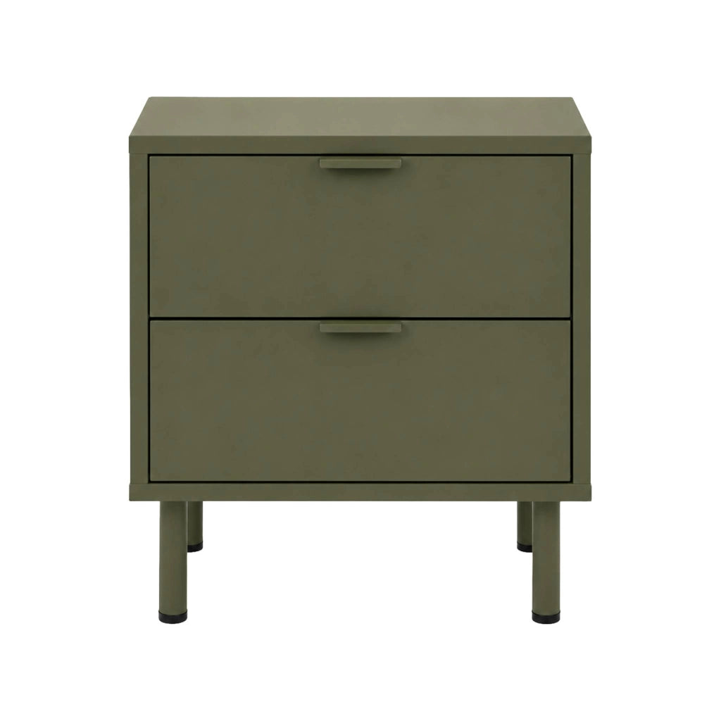 Comodino decorativo in legno e metallo 2 cassetti, verde kaki