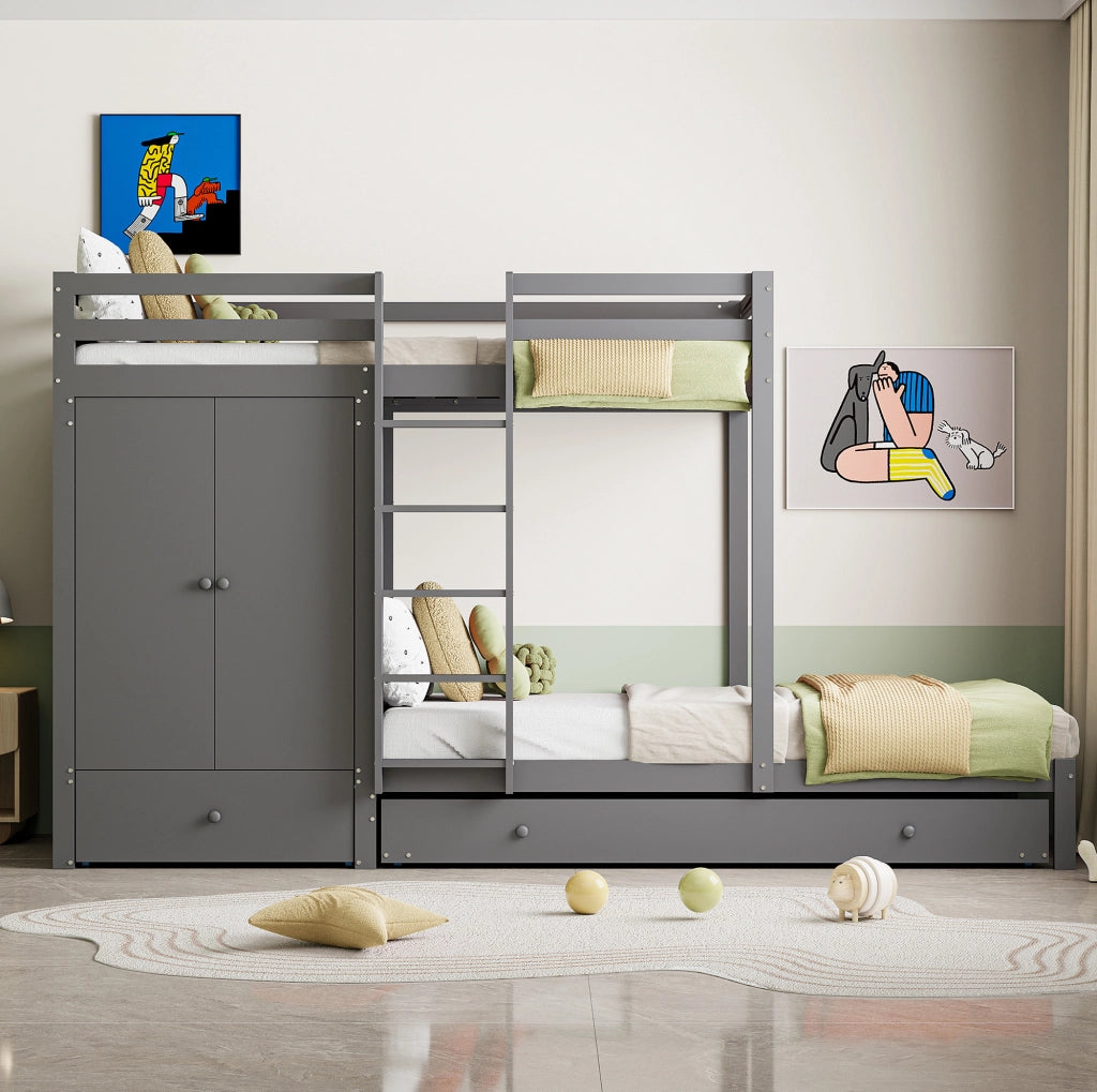 Letto a castello 90x200 con letto estraibile, armadio e cassetti grigio