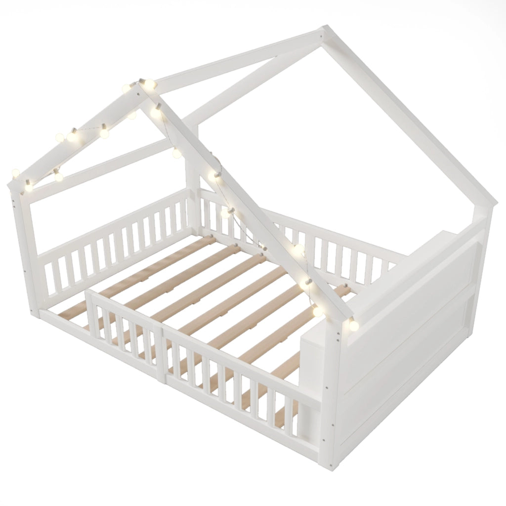 OKWISH Letto Bambini 140×190 cm, Letto Singolo con Sponde, LED e Mensole, senza Materasso, in Pino e MDF, Bianco