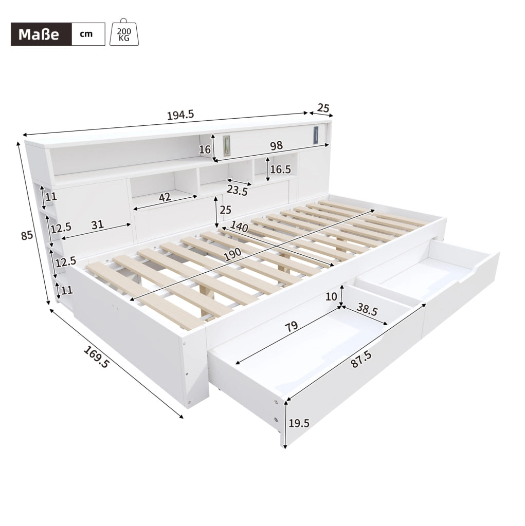 Letto 140x190 cm con cassetti e armadi in MDF bianco