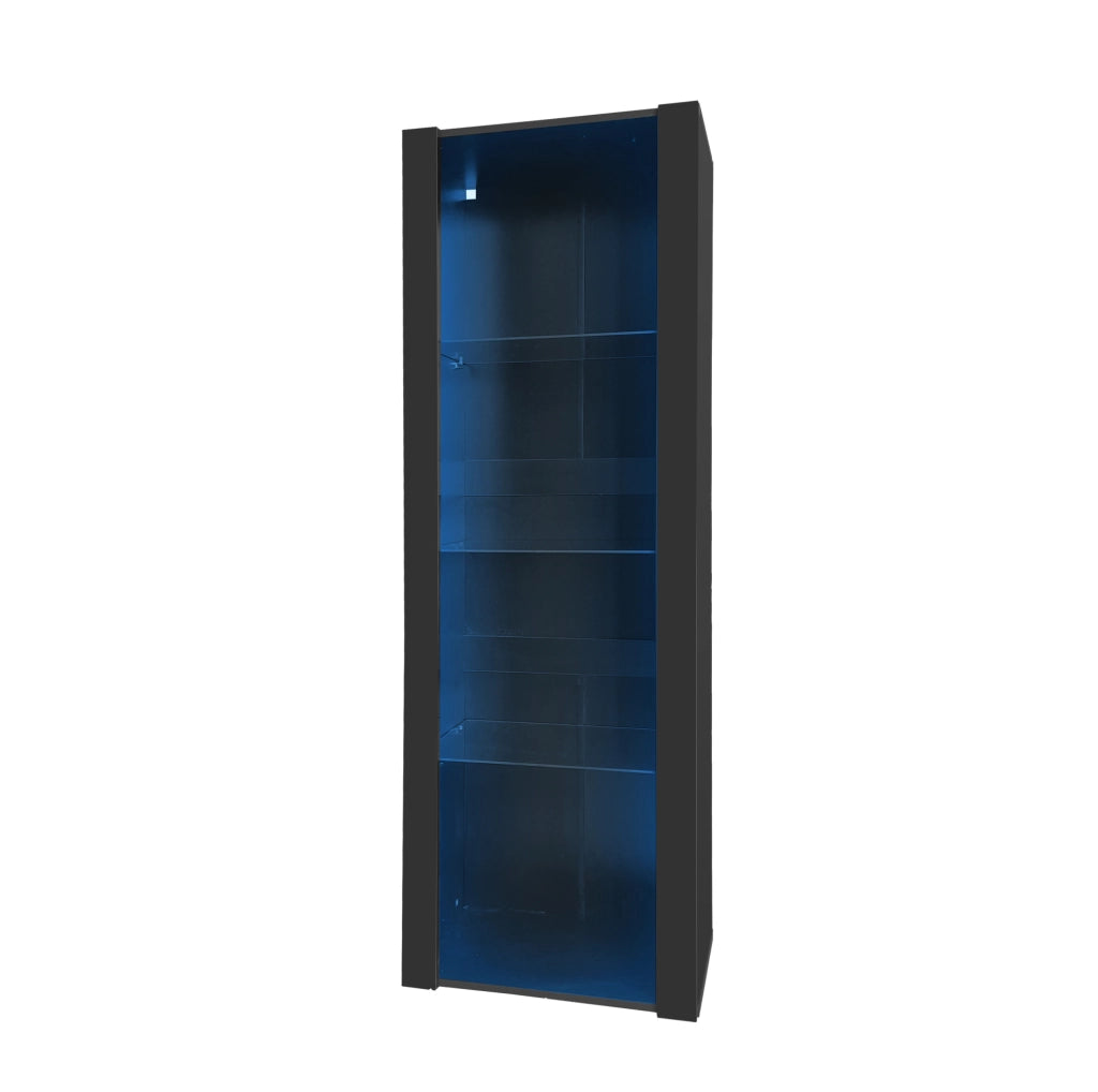 Vetrina 55x38x166 cm con illuminazione LED e 3 ripiani in vetro in pannello truciolare nero