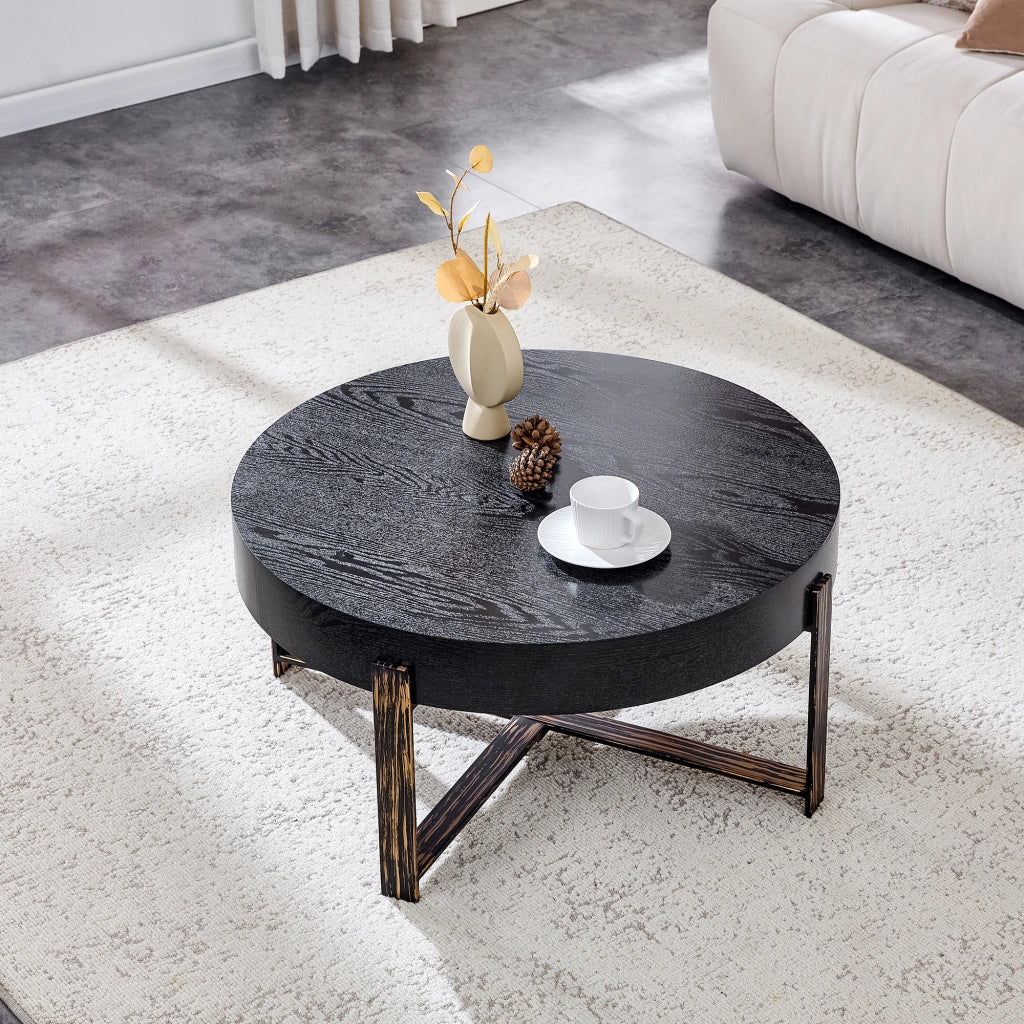 Tavolino rotondo da salotto 68 cm in stile industriale vintage, piano MDF nero effetto legno e base in metallo