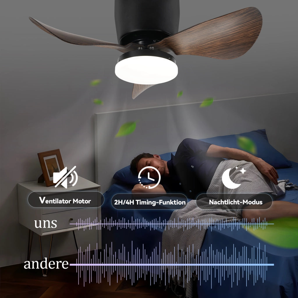 ZMH Ventilatore da soffitto nero con illuminazione e telecomando silenzioso dimmerabile 23W con ventola 70CM