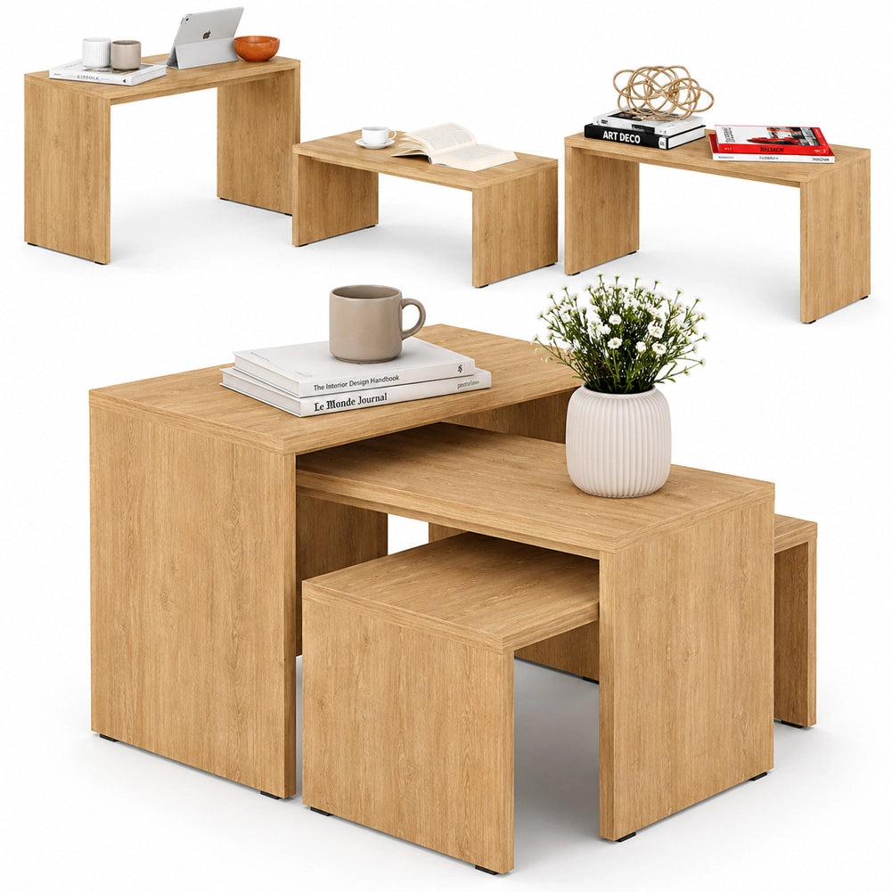 Tavolino Caffe Divano Salotto Rettangolare 3Pz Moderno Legno Colore Quercia
