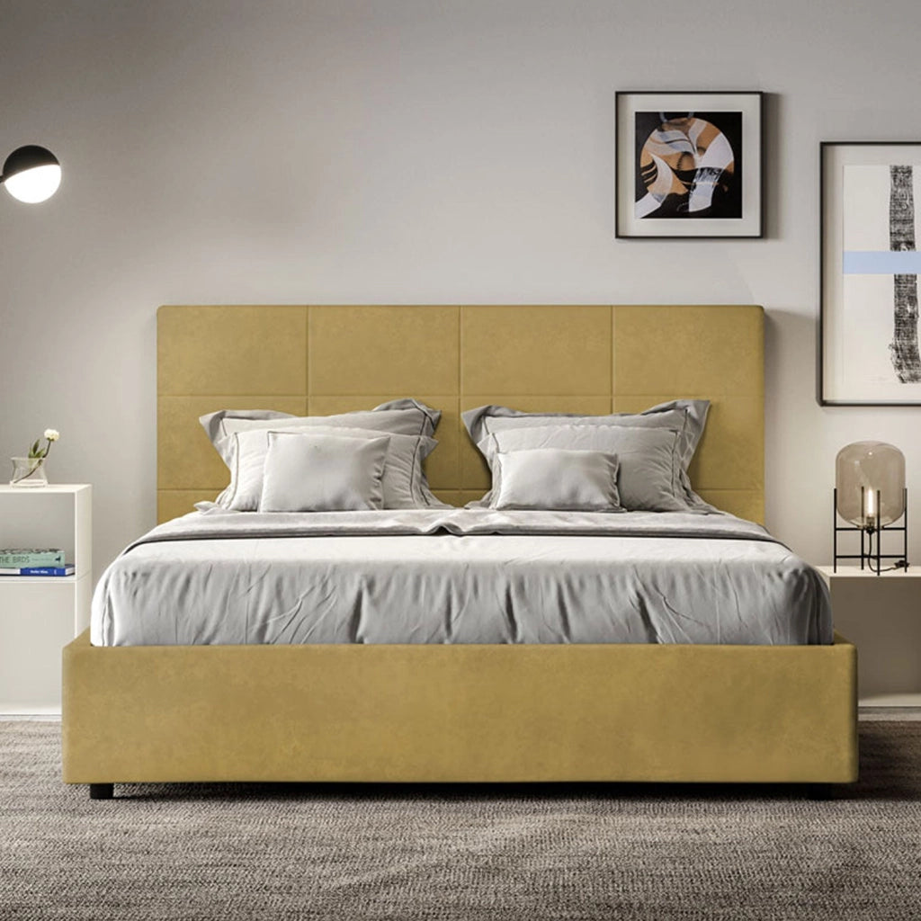 Letto queen size senza rete imbottito 150x190 microfibra blu Mika