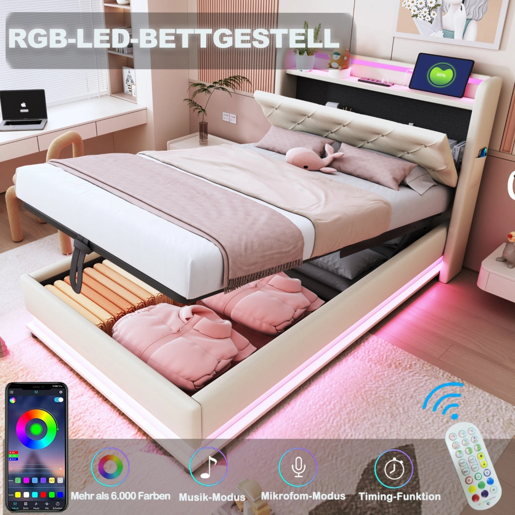 LETTO Imbottito 90x200 cm Beige con LED, USB e contenitore idraulico