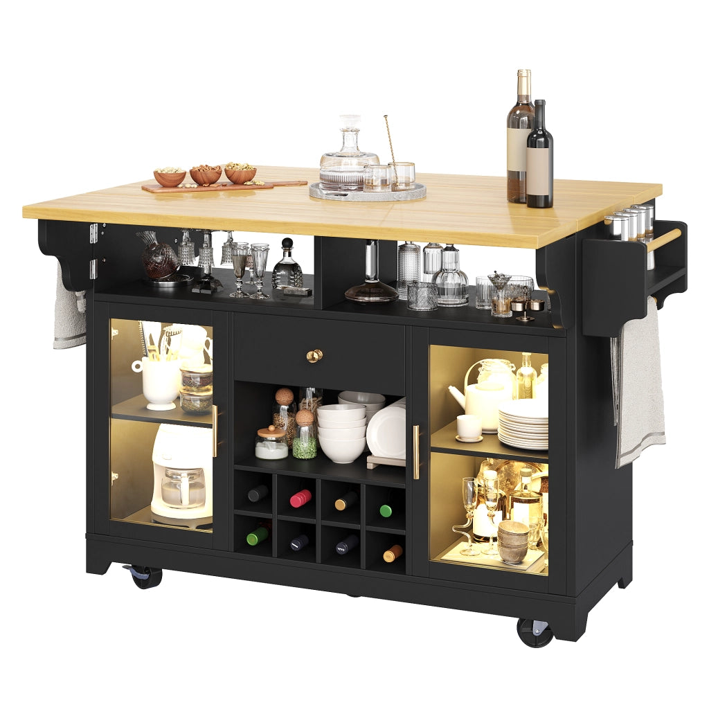 Carrello da cucina con ripiani regolabili, portabottiglie e piani pieghevoli, LED RGB, nero, 120 × 80 × 95 cm