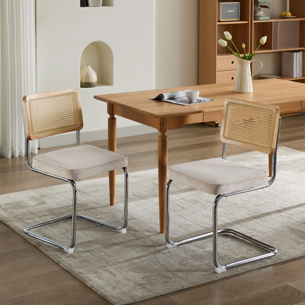 Set di 2 sedie da pranzo in stile Mid-Century Modern, sedie con rivestimento in velluto, schienale in canna naturale e base in acciaio inox cromato, f