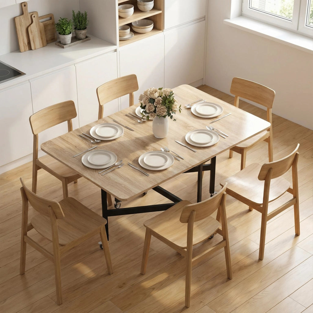 Tavolo Pieghevole per 4-6 Persone con 2 Ribalte e Ruote con Freno, 120x80x73 cm, Rovere